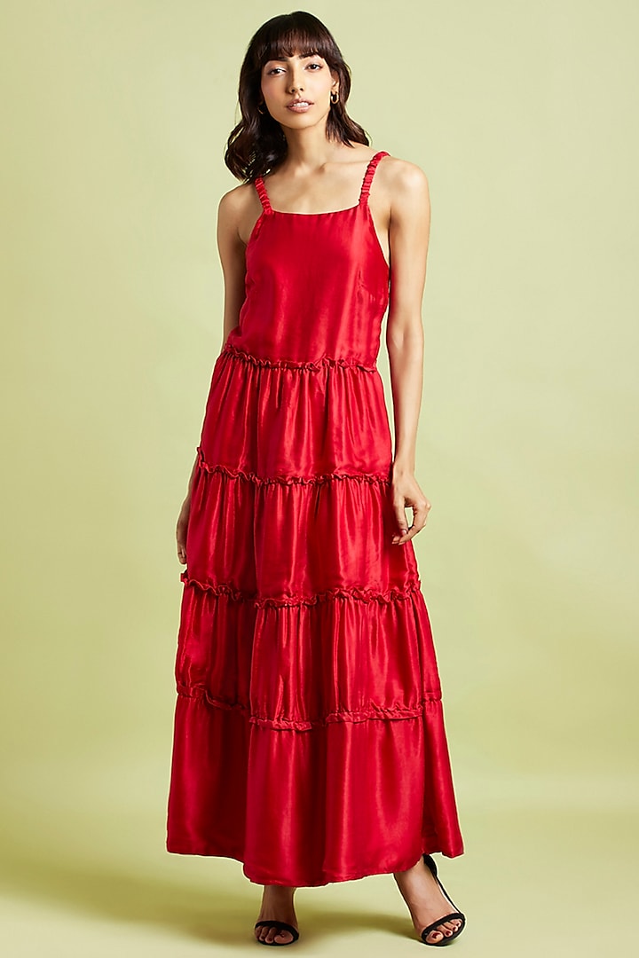 Scarlet Red Silk Maxi Tiered Dress by Moihno