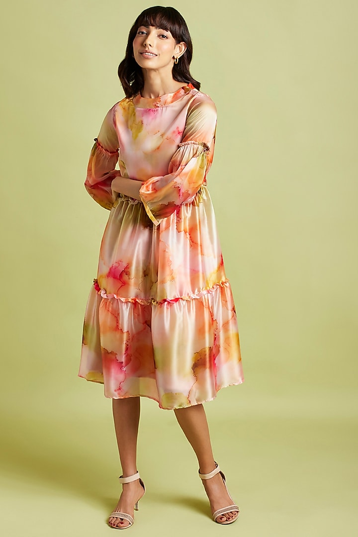 Yellow Printed Midi Tiered Dress by Moihno