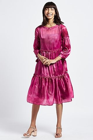 Purple Printed Midi Tiered Dress by Moihno