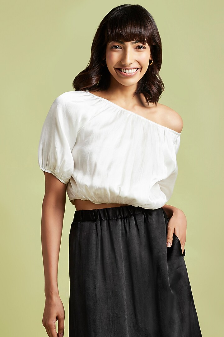Oyster White Satin One Shoulder Crop Top by Moihno at Pernia's Pop Up Shop
