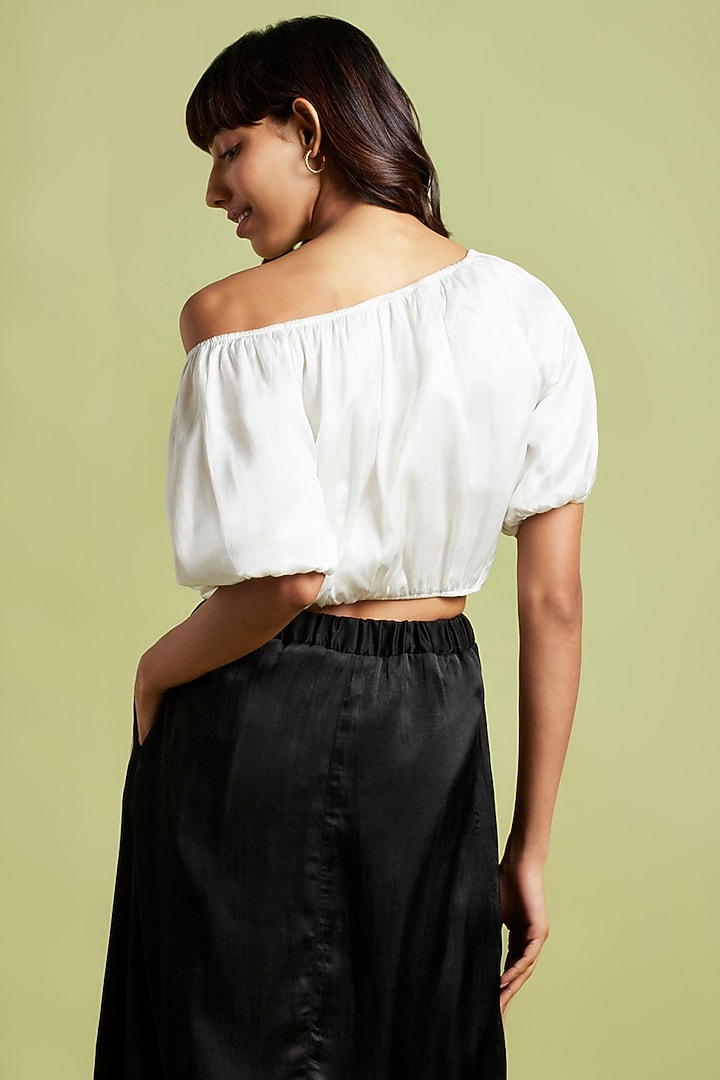 Oyster White Satin One Shoulder Crop Top by Moihno at Pernia's Pop Up Shop