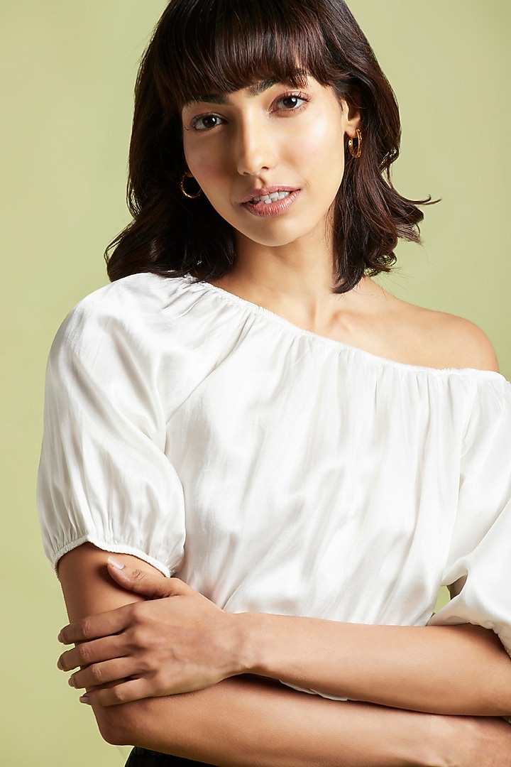 Oyster White Satin One Shoulder Crop Top by Moihno at Pernia's Pop Up Shop