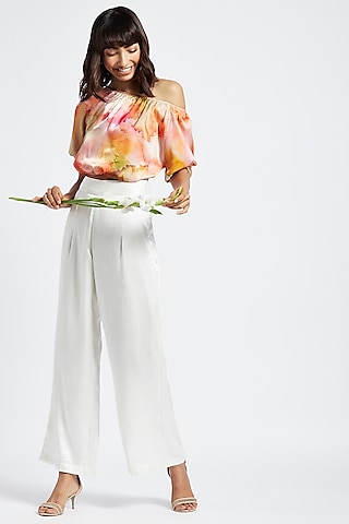 Yellow Satin One Shoulder Crop Top by Moihno