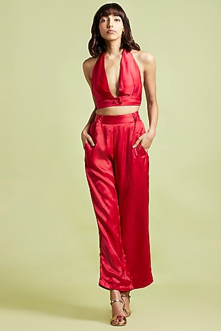 Scarlet Red Gajji Silk Palazzo Pant Set by Moihno