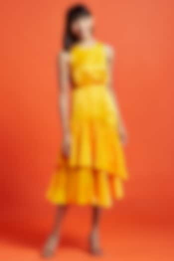 Spicy Mustard Silk Asymmetric Midi Dress by Moihno