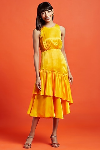 Spicy Mustard Silk Asymmetric Midi Dress by Moihno