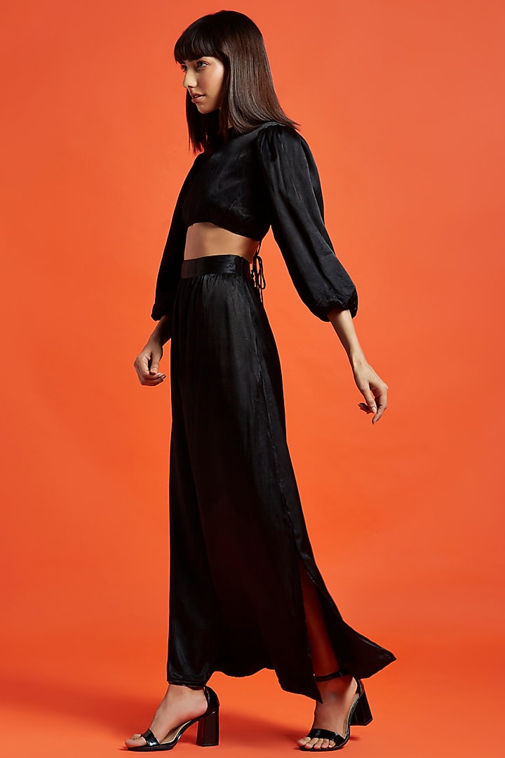 Midnight Black Silk Backless Crop Top by Moihno