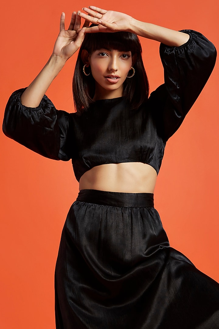 Midnight Black Silk Backless Crop Top by Moihno at Pernia's Pop Up Shop