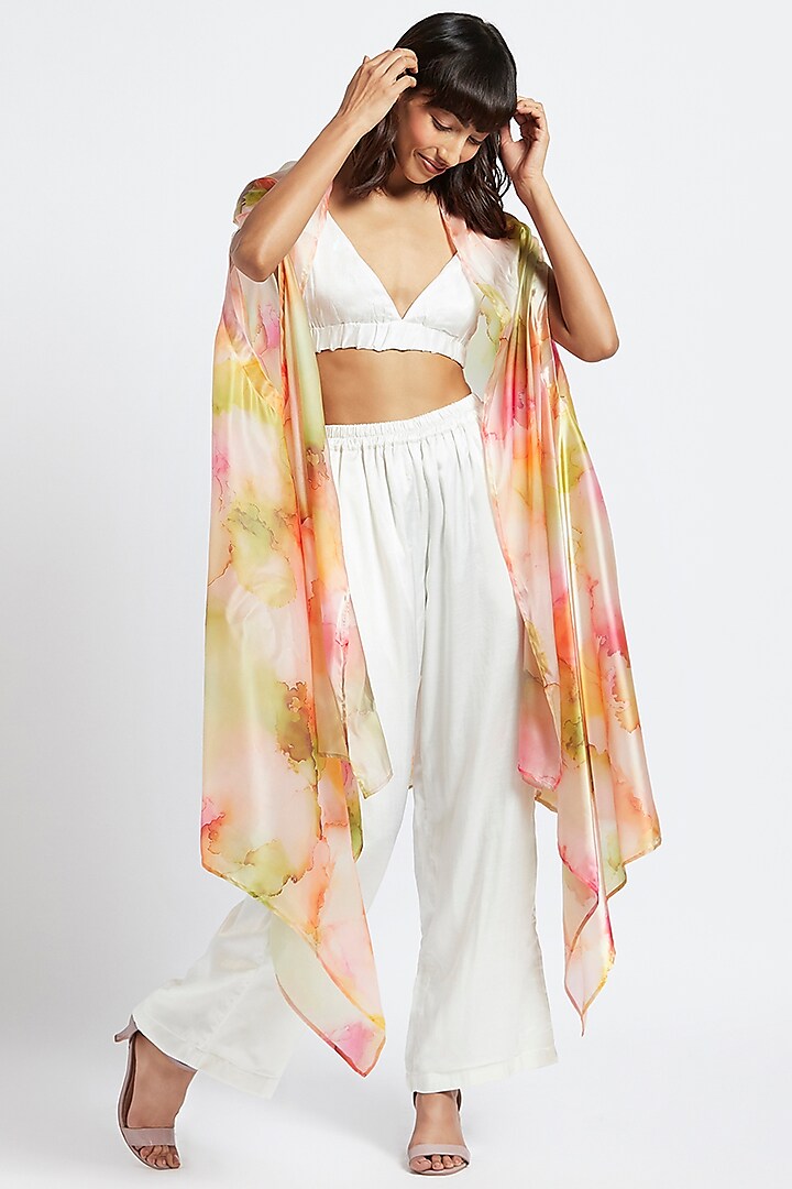 White Silk Palazzo Pant Set With Overlay by Moihno