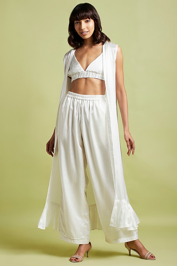 Oyster White Silk Palazzo Pant Set With Overlay by Moihno