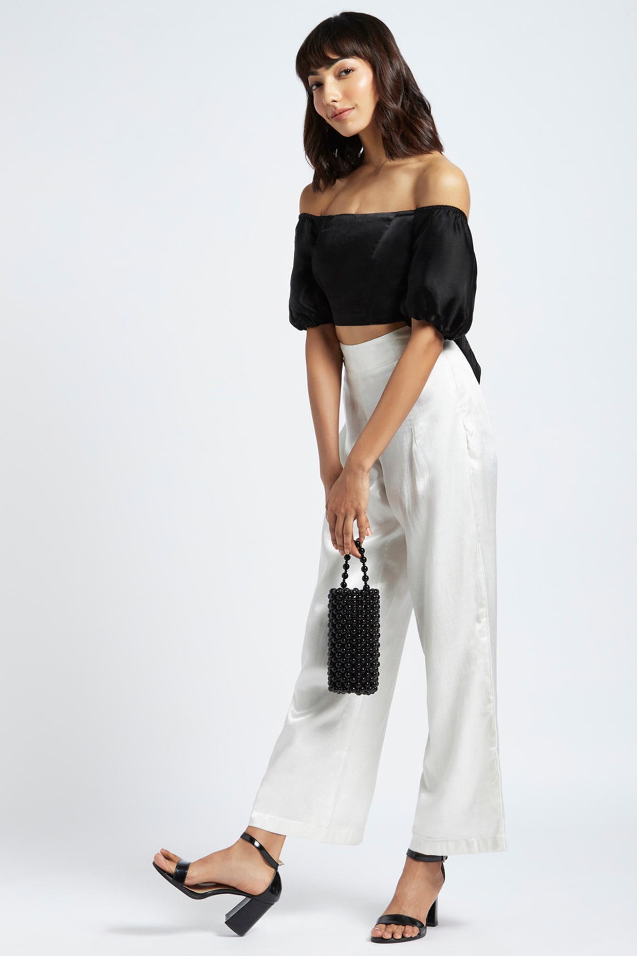 Midnight Black Silk Off-Shoulder Crop Top by Moihno at Pernia's
