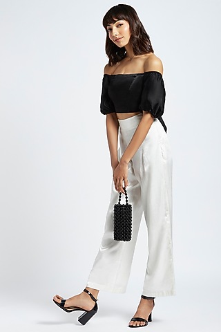 Midnight Black Silk Off-Shoulder Crop Top by Moihno