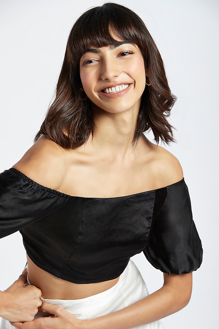 Midnight Black Silk Off-Shoulder Crop Top by Moihno at Pernia's Pop Up Shop