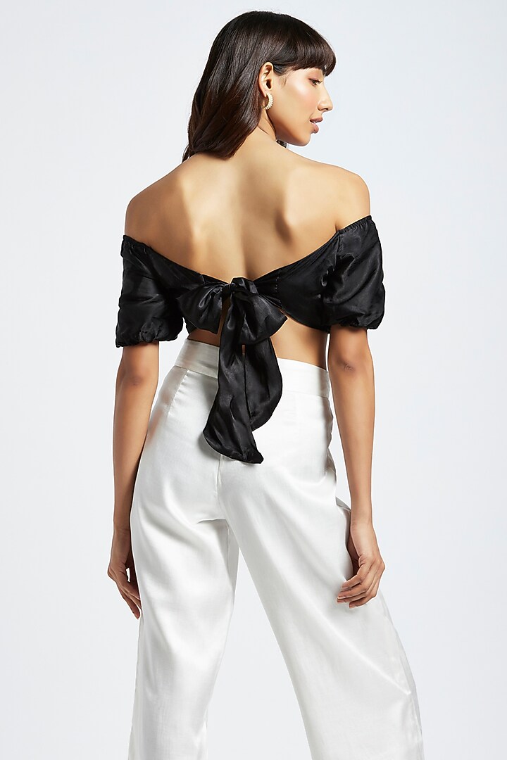 Midnight Black Silk Off-Shoulder Crop Top by Moihno at Pernia's Pop Up Shop