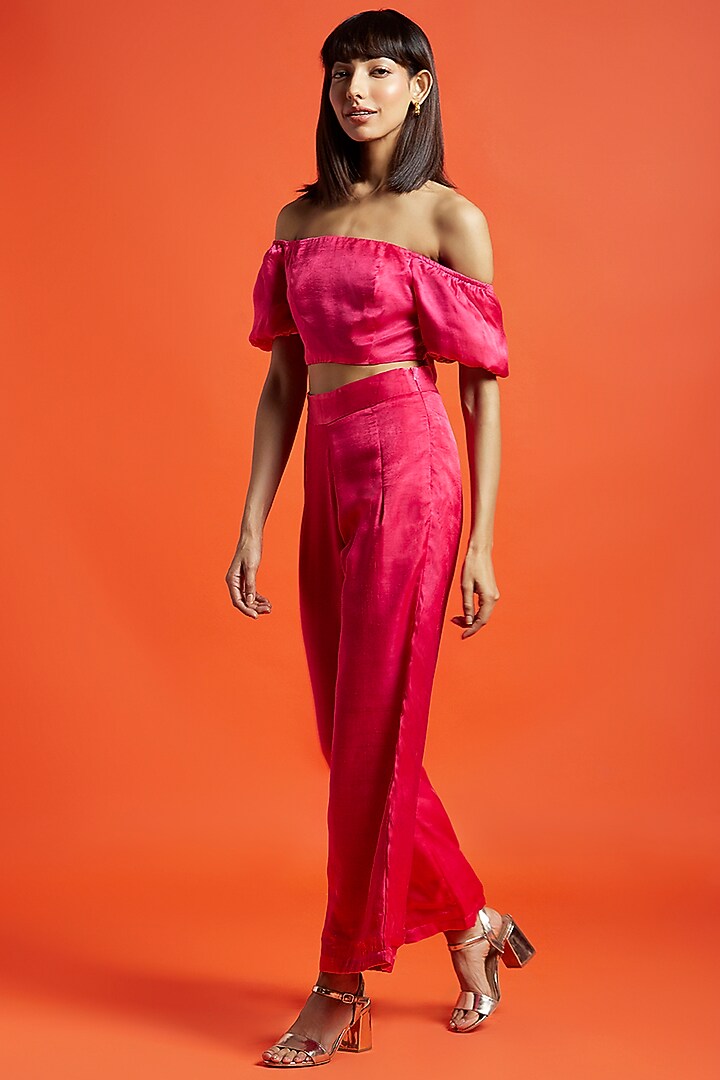 Fuchsia Pink Silk Off-Shoulder Crop Top by Moihno at Pernia's Pop Up Shop
