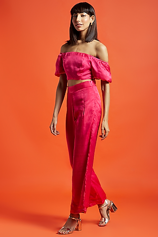 Fuchsia Pink Silk Off-Shoulder Crop Top by Moihno