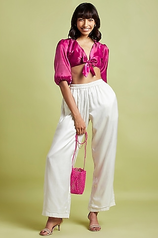 Purple Silk Printed Crop Top by Moihno