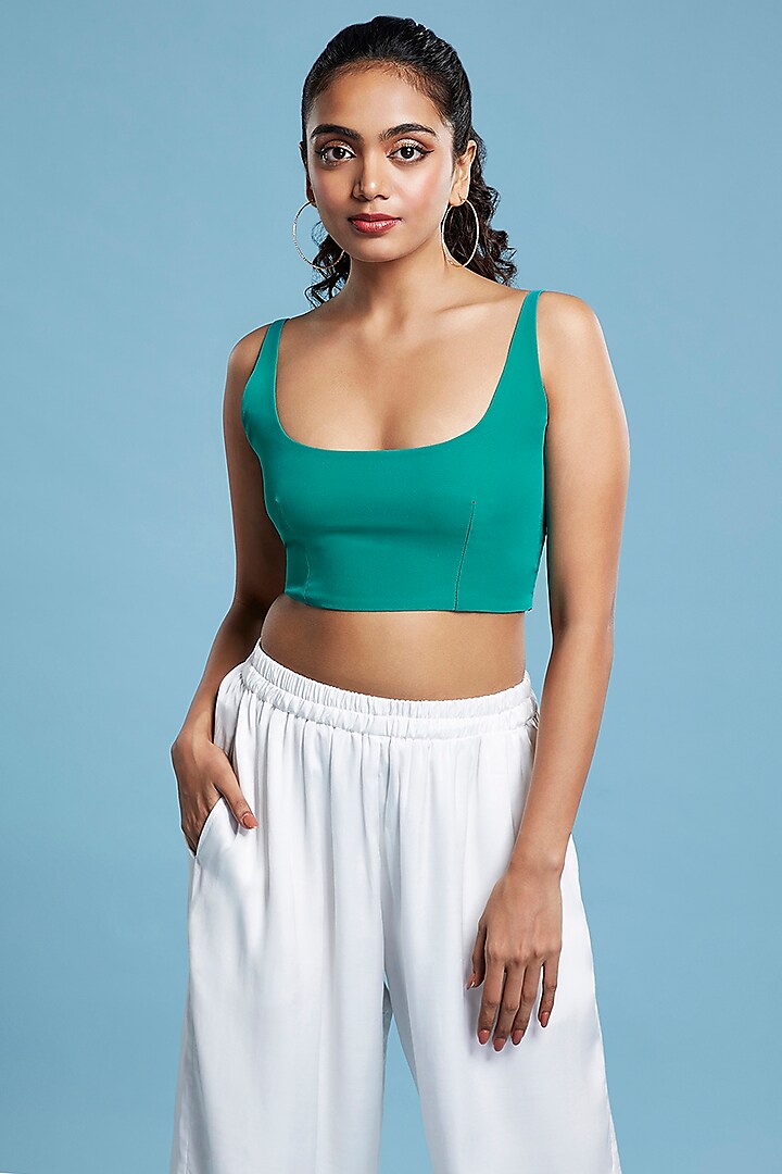 Green Georgette Cropped Top by Moihno