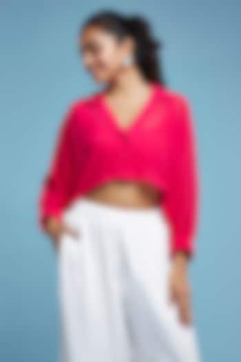 Pink Georgette Oversized Cropped Shirt by Moihno