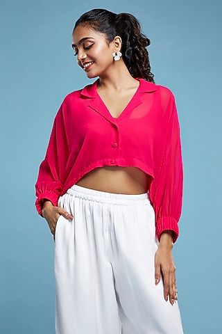 Pink Georgette Oversized Cropped Shirt by Moihno