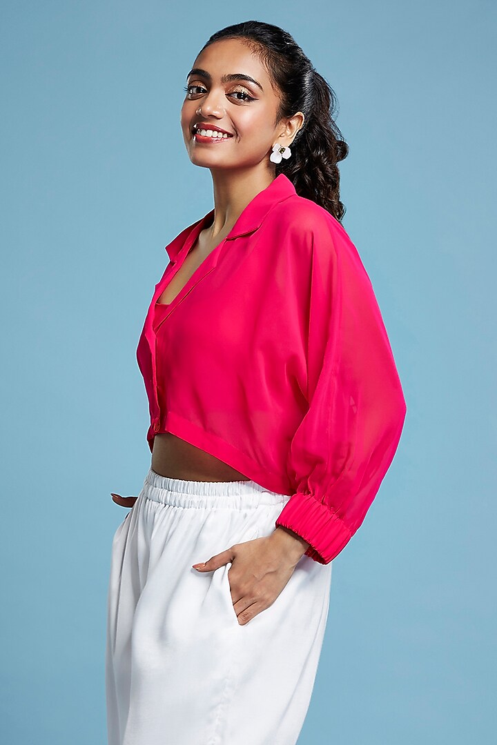 Pink Georgette Oversized Cropped Shirt by Moihno at Pernia's Pop Up Shop