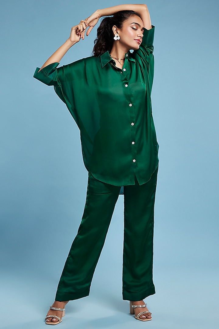 Green Satin Georgette Oversized Shirt by Moihno
