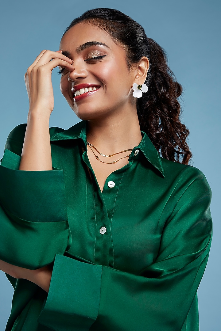 Green Satin Georgette Oversized Shirt by Moihno at Pernia's Pop Up Shop