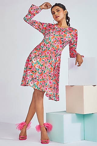 Multi-Colored Satin Georgette Floral Printed Mini Dress by Moihno