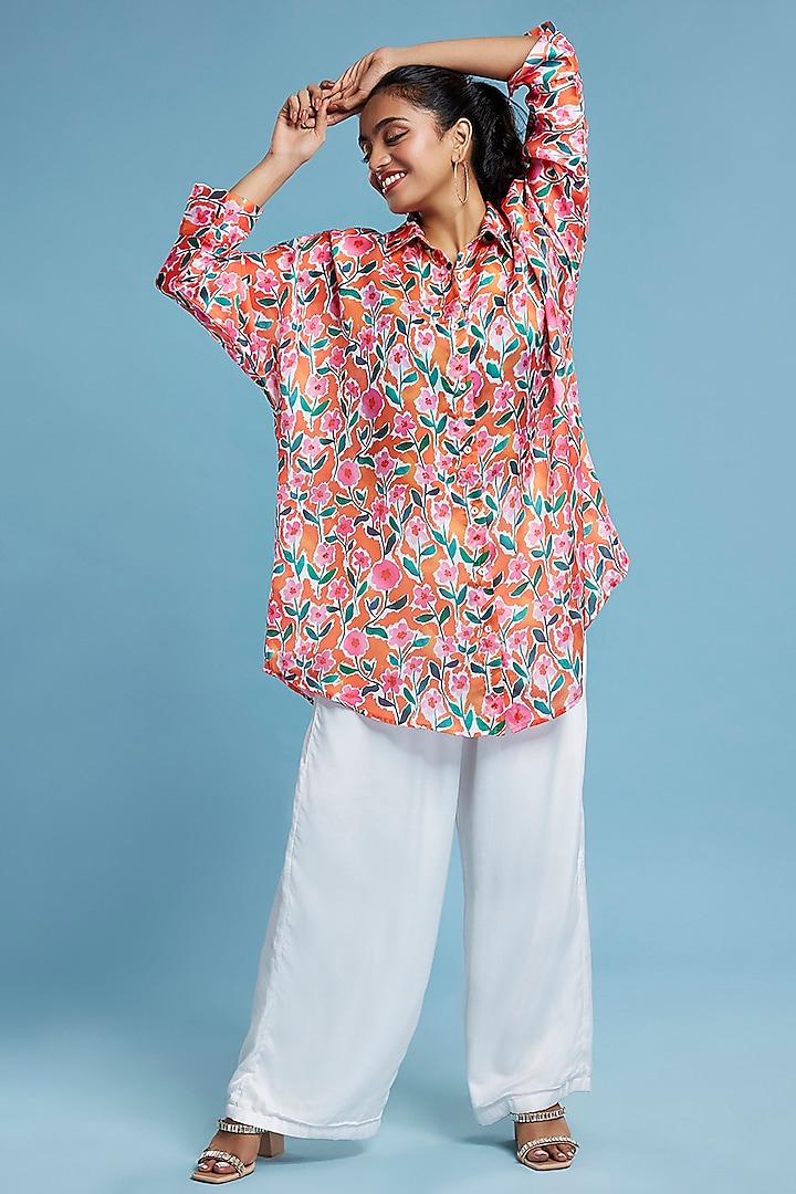Multi-Colored Satin Georgette Floral Printed Oversized Shirt by Moihno