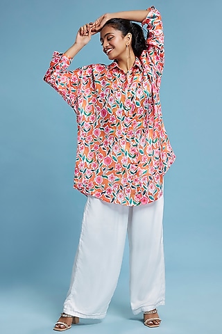 Multi-Colored Satin Georgette Floral Printed Oversized Shirt by Moihno