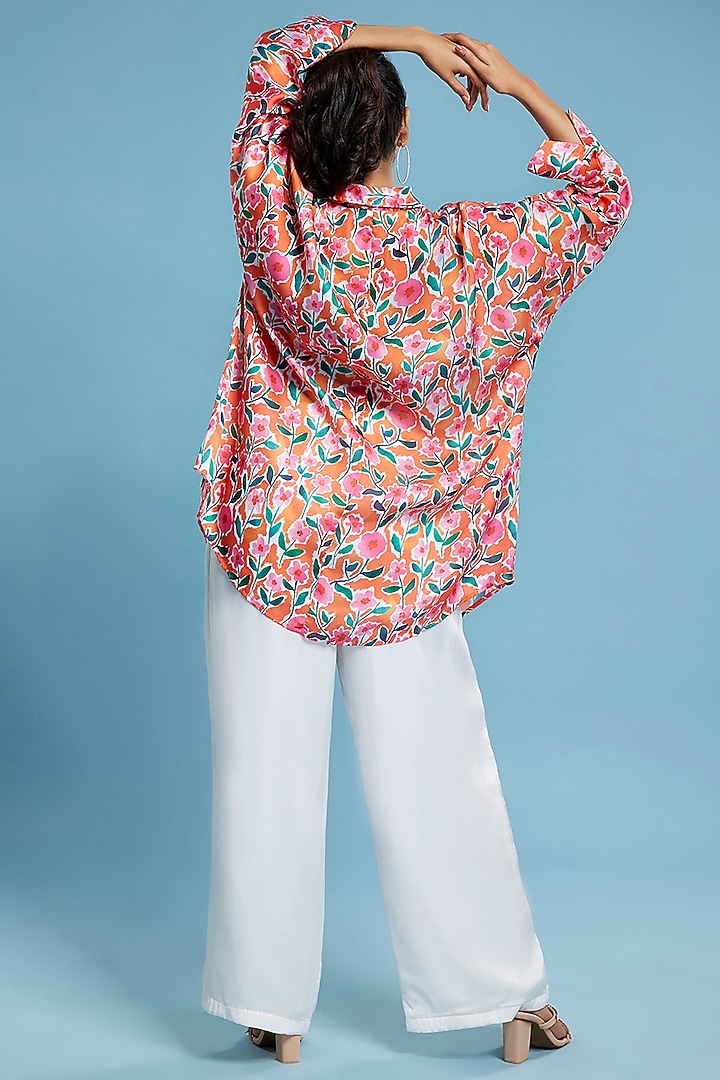 Multi-Colored Satin Georgette Floral Printed Oversized Shirt by Moihno at Pernia's Pop Up Shop