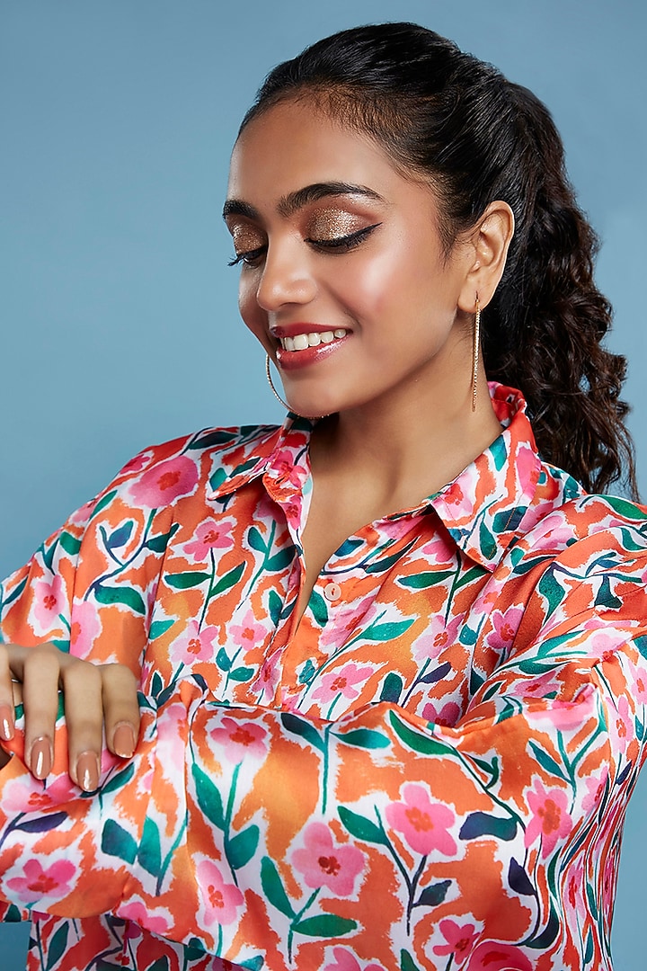 Multi-Colored Satin Georgette Floral Printed Oversized Shirt by Moihno at Pernia's Pop Up Shop