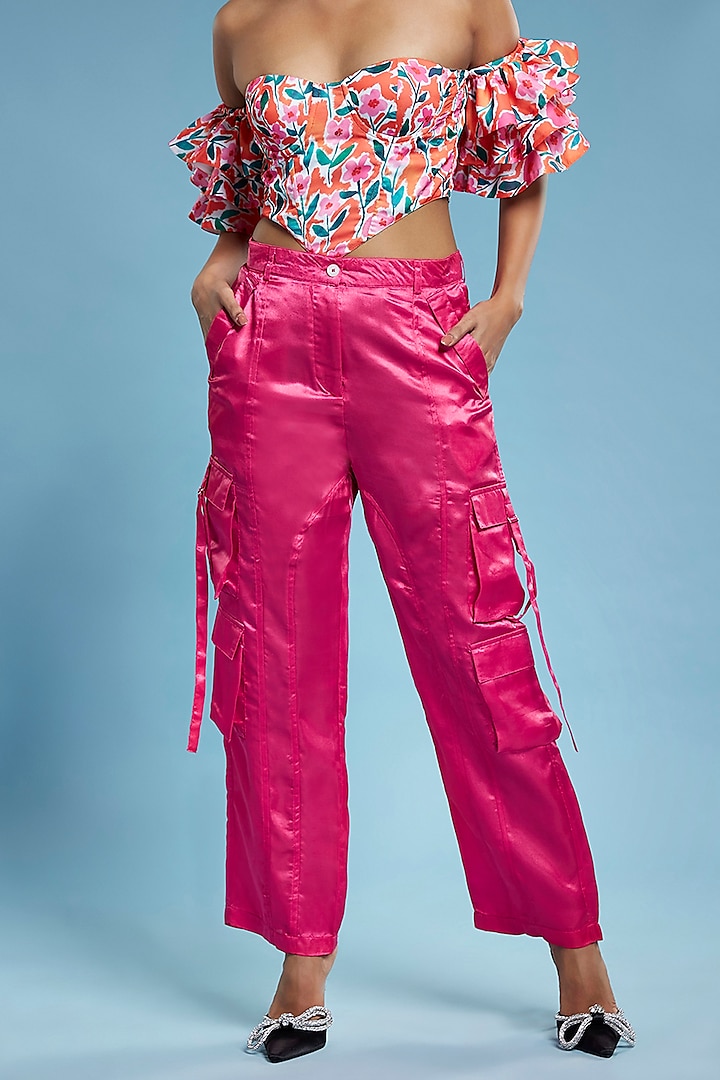 Pink Satin Cargo Pants by Moihno