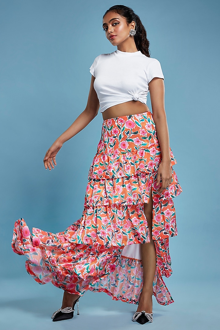 Multi-colored Satin Georgette Floral Printed Tiered Maxi Skirt by Moihno