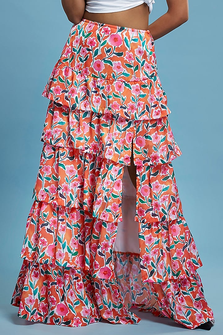 Multi-colored Satin Georgette Floral Printed Tiered Maxi Skirt by Moihno at Pernia's Pop Up Shop