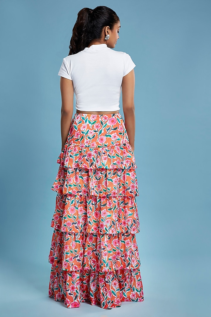 Multi-colored Satin Georgette Floral Printed Tiered Maxi Skirt by Moihno at Pernia's Pop Up Shop