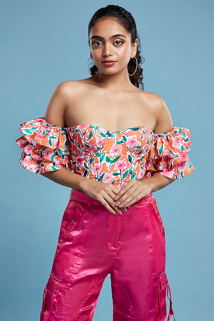 Multi-Colored Satin Georgette Floral Printed Cropped Top by Moihno