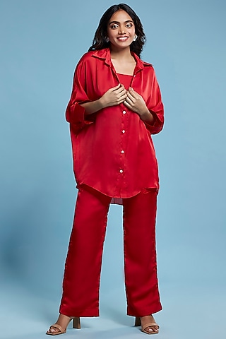 Maroon Satin Georgette Co-Ord Set by Moihno