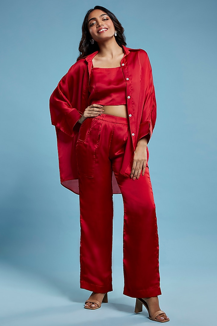 Maroon Satin Georgette Co-Ord Set by Moihno at Pernia's Pop Up Shop