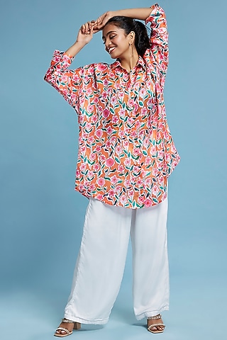 White Satin Georgette Pant Set by Moihno