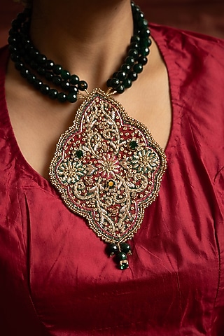 Green Silk Fabric Zardosi & Thread Work Pendant Necklace by Moirra