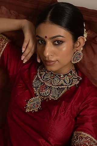 Multi-Colored Silk Fabric Thread & Kora Dabka Work Layered Pendant Necklace Set by Moirra