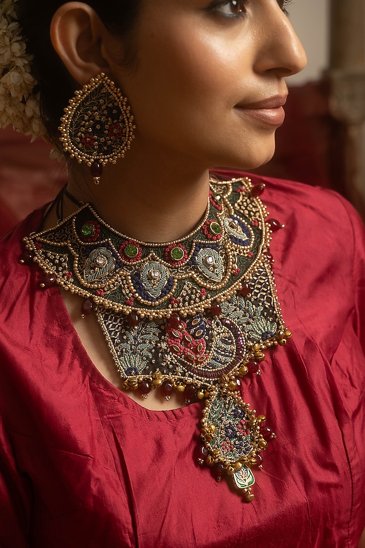 Multi-Colored Silk Fabric Thread & Kora Dabka Work Layered Pendant Necklace Set by Moirra at Pernia's Pop Up Shop