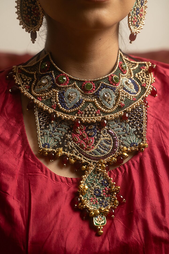 Multi-Colored Silk Fabric Thread & Kora Dabka Work Layered Pendant Necklace Set by Moirra at Pernia's Pop Up Shop