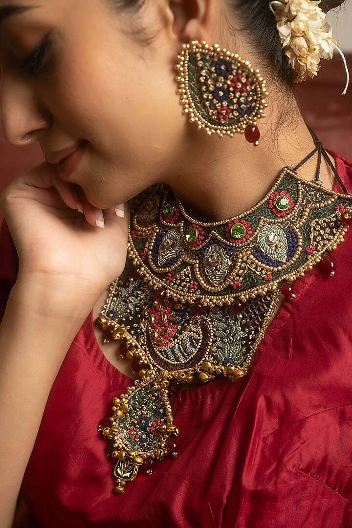 Multi-Colored Silk Fabric Thread & Kora Dabka Work Layered Pendant Necklace Set by Moirra at Pernia's Pop Up Shop