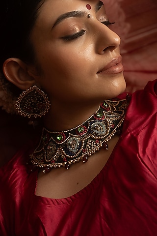 Multi-Colored Kora Dabka & Zari Work Choker Necklace by Moirra