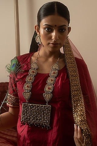 Gold Zari Knot & Zari Jaal Work Square Pendant Necklace by Moirra