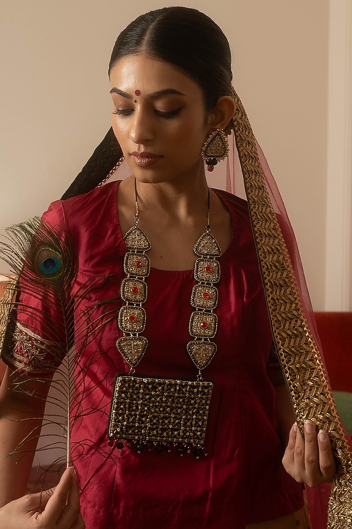 Gold Zari Knot & Zari Jaal Work Square Pendant Necklace by Moirra at Pernia's Pop Up Shop