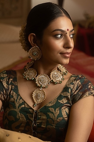Gold Peeta Dabka & Zardosi Work Pendant Choker Necklace Set by Moirra