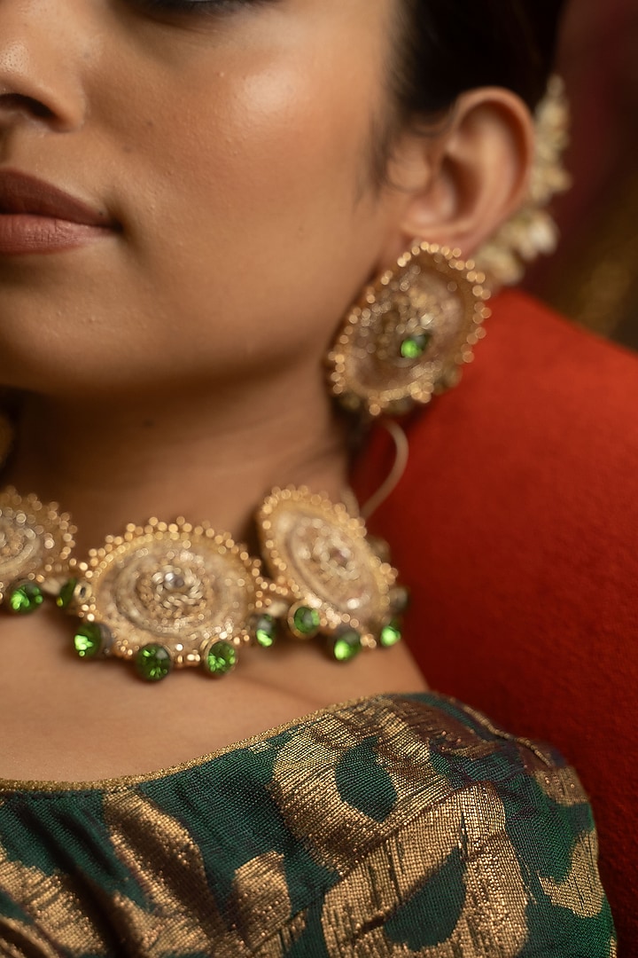 Gold Peeta Dabka & Zardosi Work Pendant Choker Necklace Set by Moirra at Pernia's Pop Up Shop